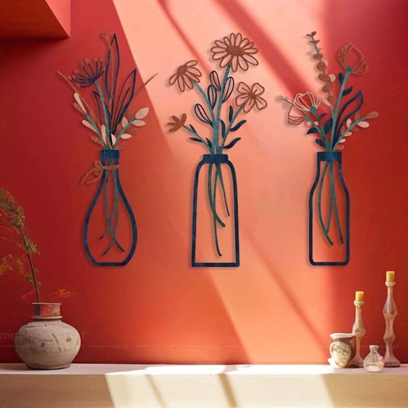 Interior Design Elegant - ประติมากรรมติดผนังลายดอกไม้ขนาดใหญ่ 3 ชิ้น - ของตกแต่งบ้านสไตล์โมเดิร์นฟาร์มเฮาส์, ดีไซน์แจกันแขวนสุดหรู,