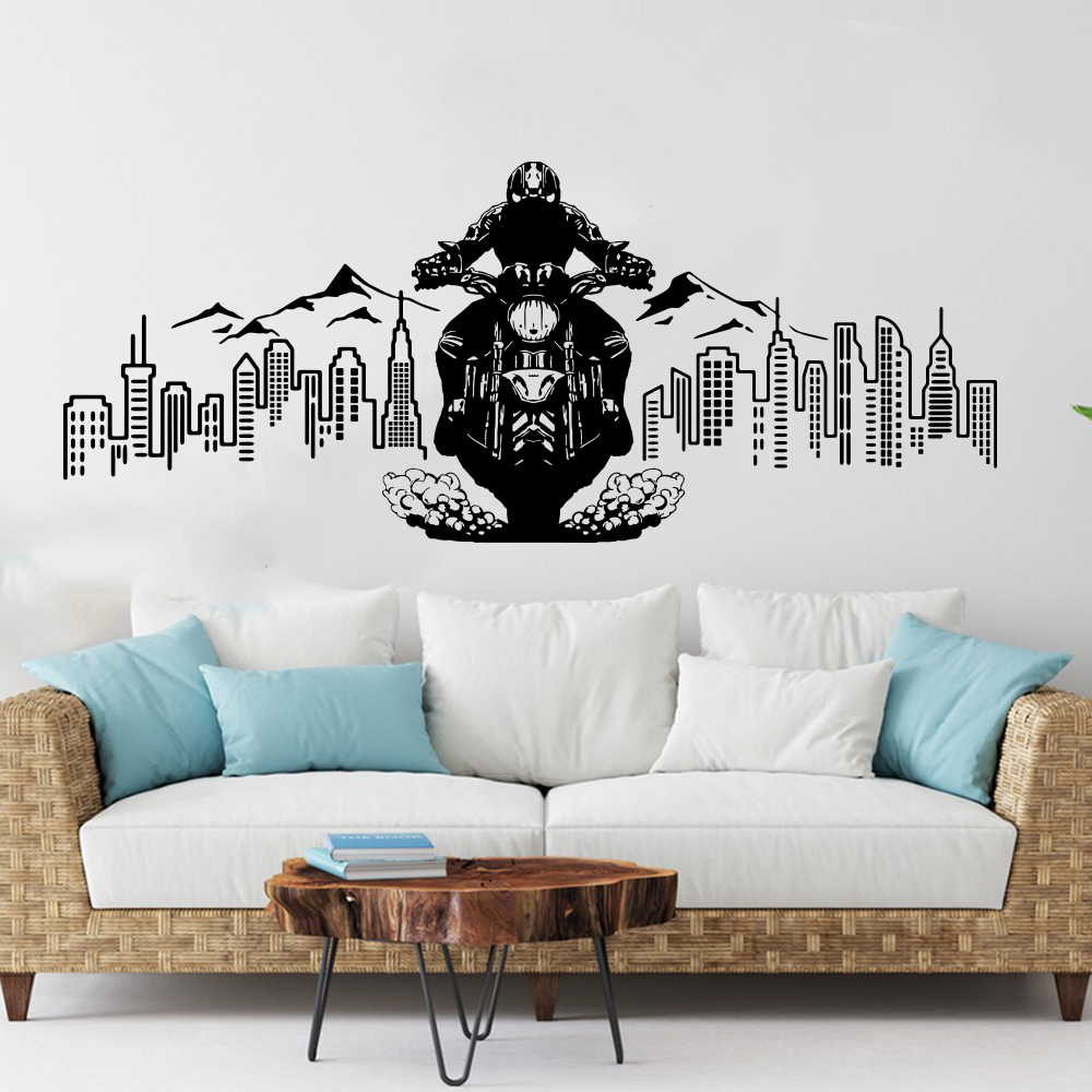 Interior Design Magazine - City Skyline รถจักรยานยนต์ผจญภัยสติ๊กเกอร์ติดผนังรูปลอก Mountain Biker ขี่กีฬา