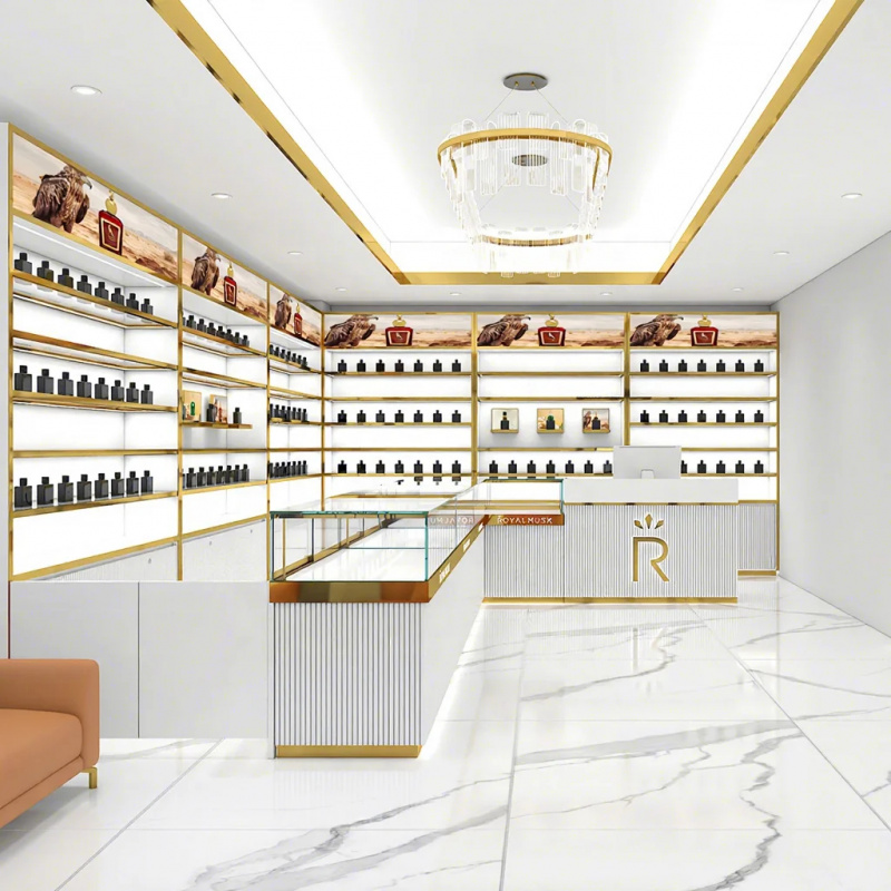 Interior Design Usa - การออกแบบตกแต่งภายในร้านน้ำหอมสมัยใหม่พร้อมชั้นวางและเคาน์เตอร์แสดงสินค้าแบบกันน้ำที่สั่งทำพิเศษ