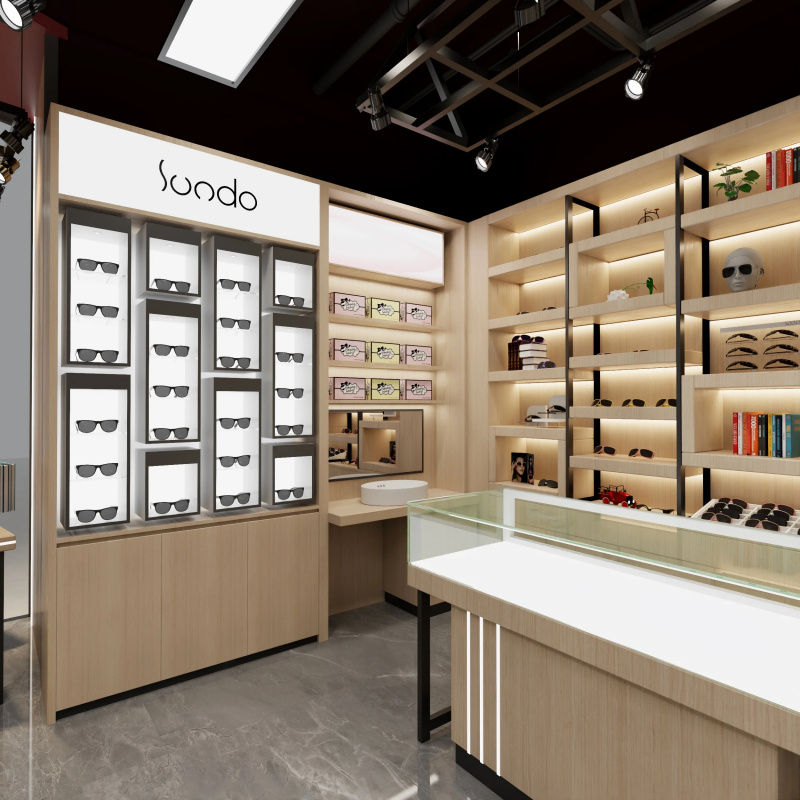Interior Design Usa - ออกแบบตกแต่งภายในร้านแว่นตา เฟอร์นิเจอร์โชว์แว่นตา ตู้โชว์แว่นกันแดดแบบกำหนดเอง ชั้นวางติดผนังแบบ LED สำหรับร้านค้าปลีก